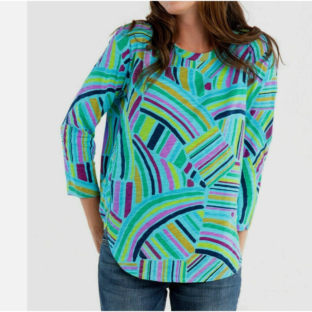 Fresh Produce Cotton Turquoise Artsy Painterly Rainbow Boat Neck 3/4 Sleeve Top